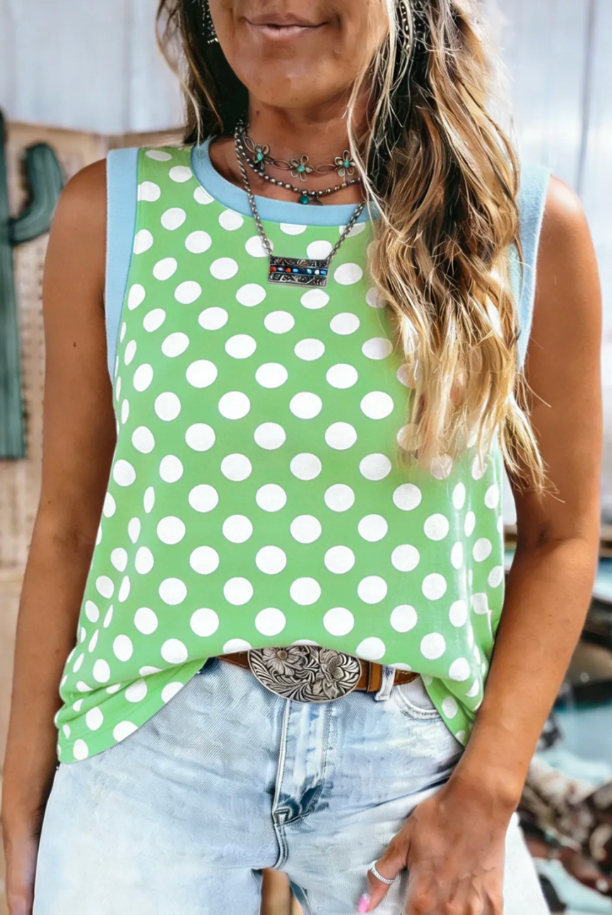 Green Polka Dot Contrast Trim Round Neck Loose Tank Top