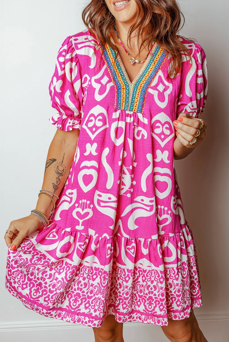 Rose Boho Short Sleeve Flared Dress