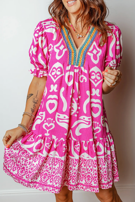 Rose Boho Short Sleeve Flared Dress