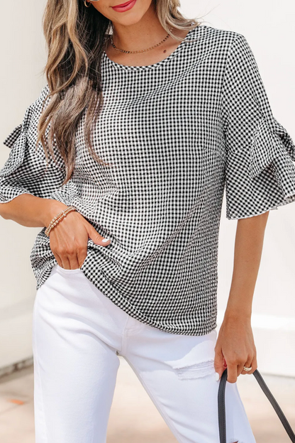Black Plaid Bow Decor Bell Sleeve Round Neck Jumper