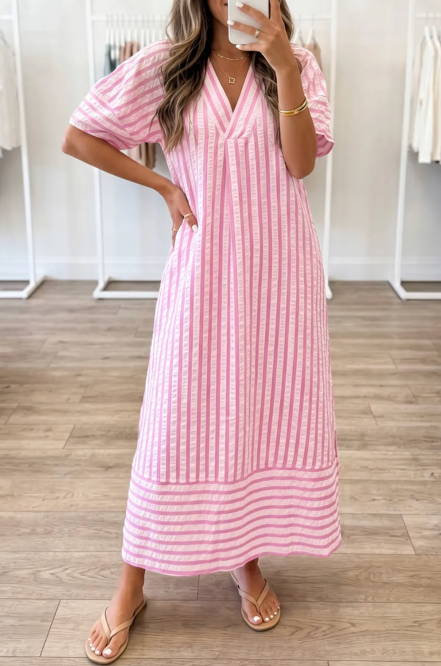 Pink Stripe Short Sleeve Shift Long Dress