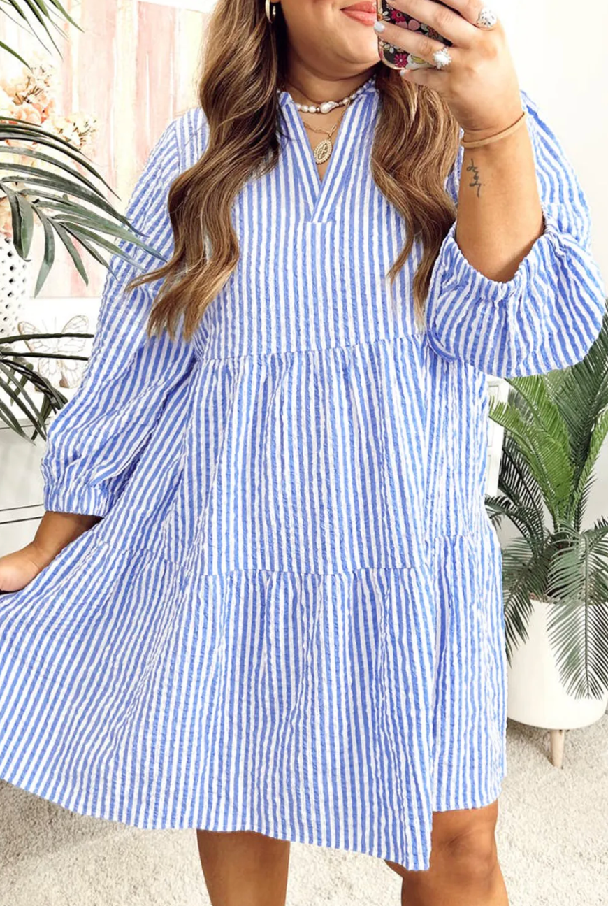 Sky Blue Stripe Puff Sleeve Curvy Dress