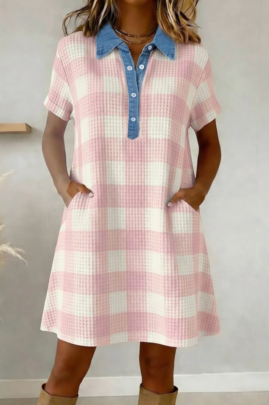 Pink Waffle Plaid T Shirt Mini Dress