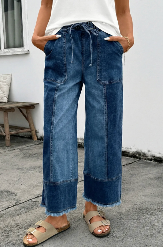 Prussian Blue Drawstring Raw Hem Wide Leg Denim Pants