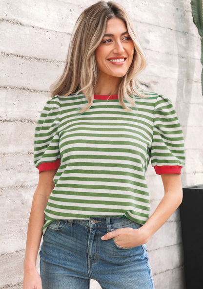 Stripe Short Puff Sleeve Contrast Trim Tee