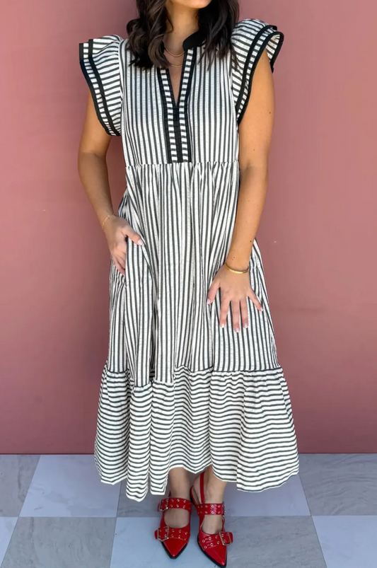 Black Stripe Flutter Sleeve Maxi Dress