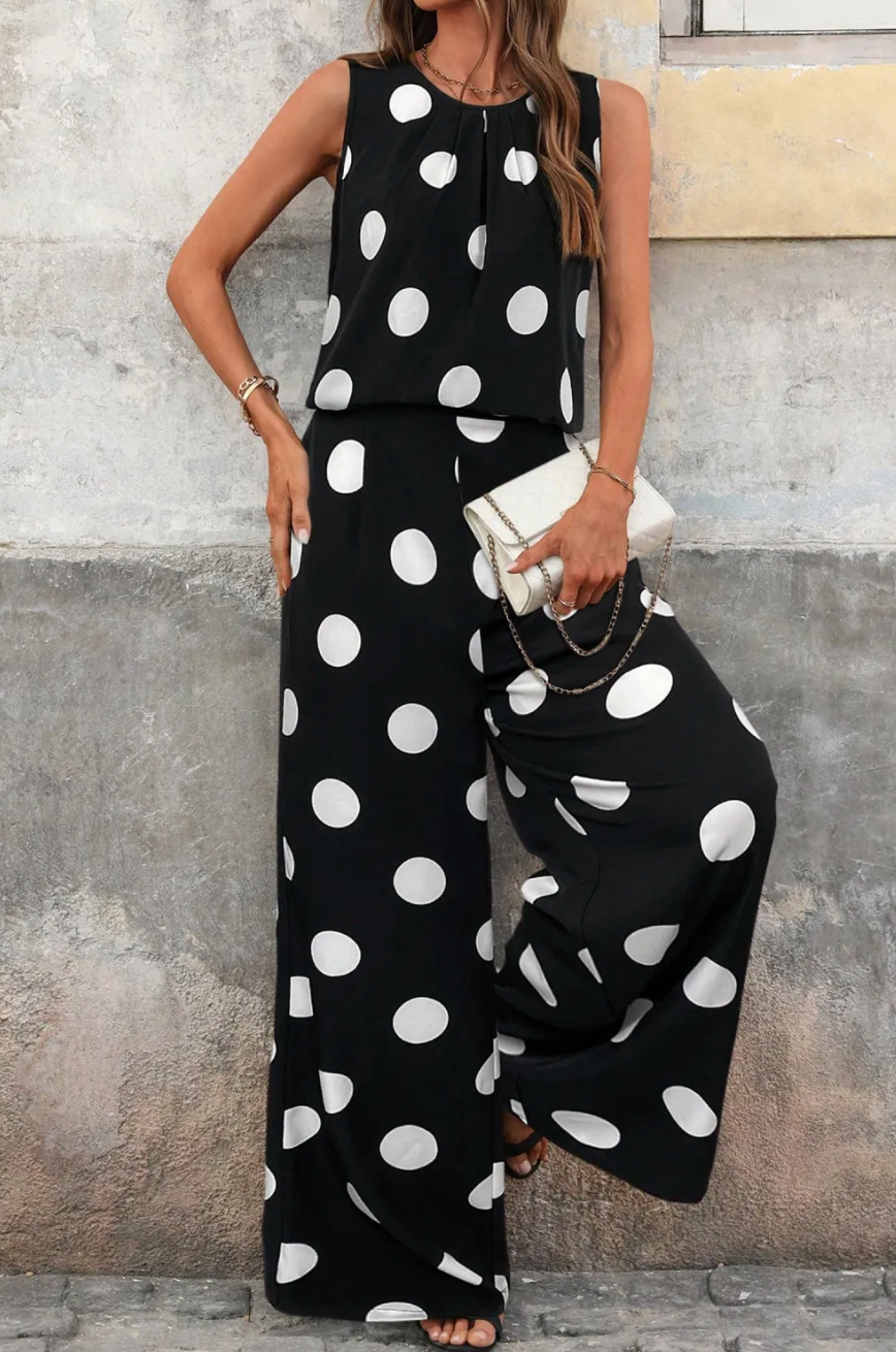 Black Polka Dot Wide Leg Two-Piece Outfit