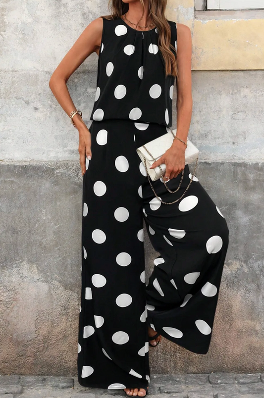 Black Polka Dot Wide Leg Two-Piece Outfit