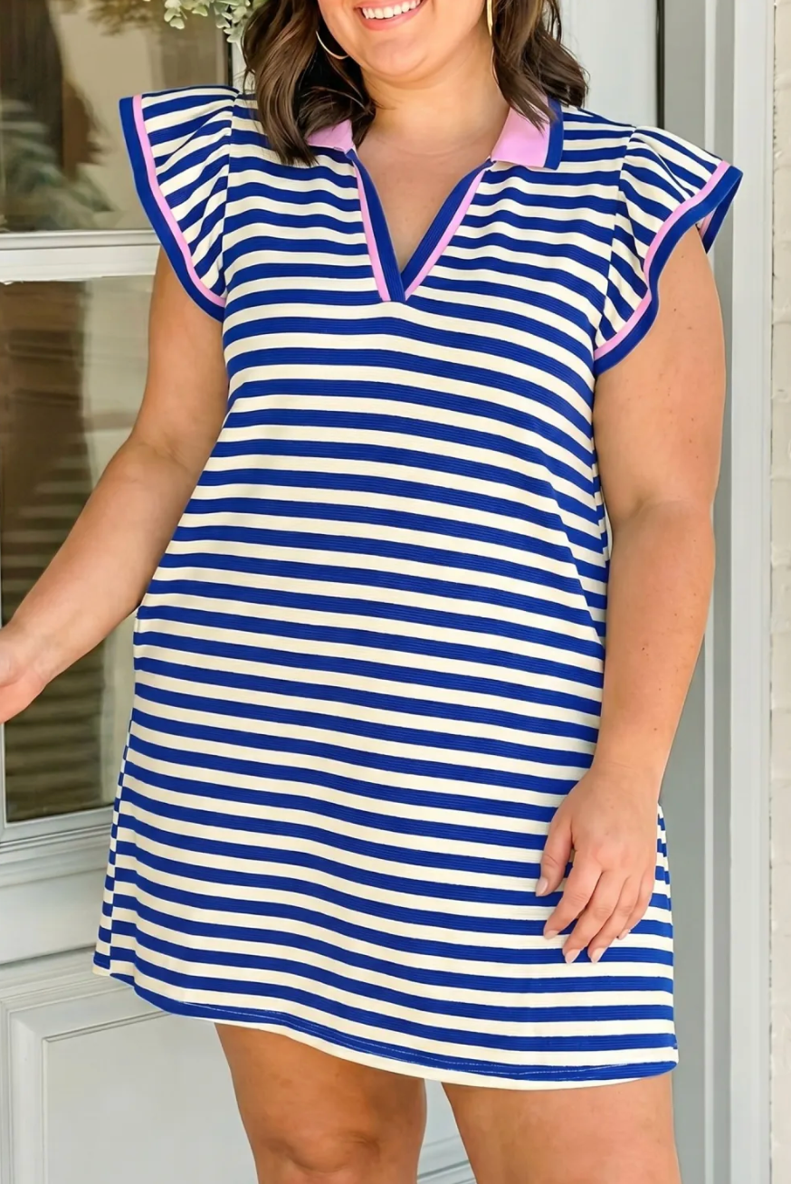 Dark Blue Stripe Flutter Sleeve Dress