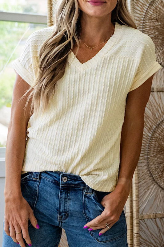 Beige Twisted Texture Knit V-Neck T-Shirt