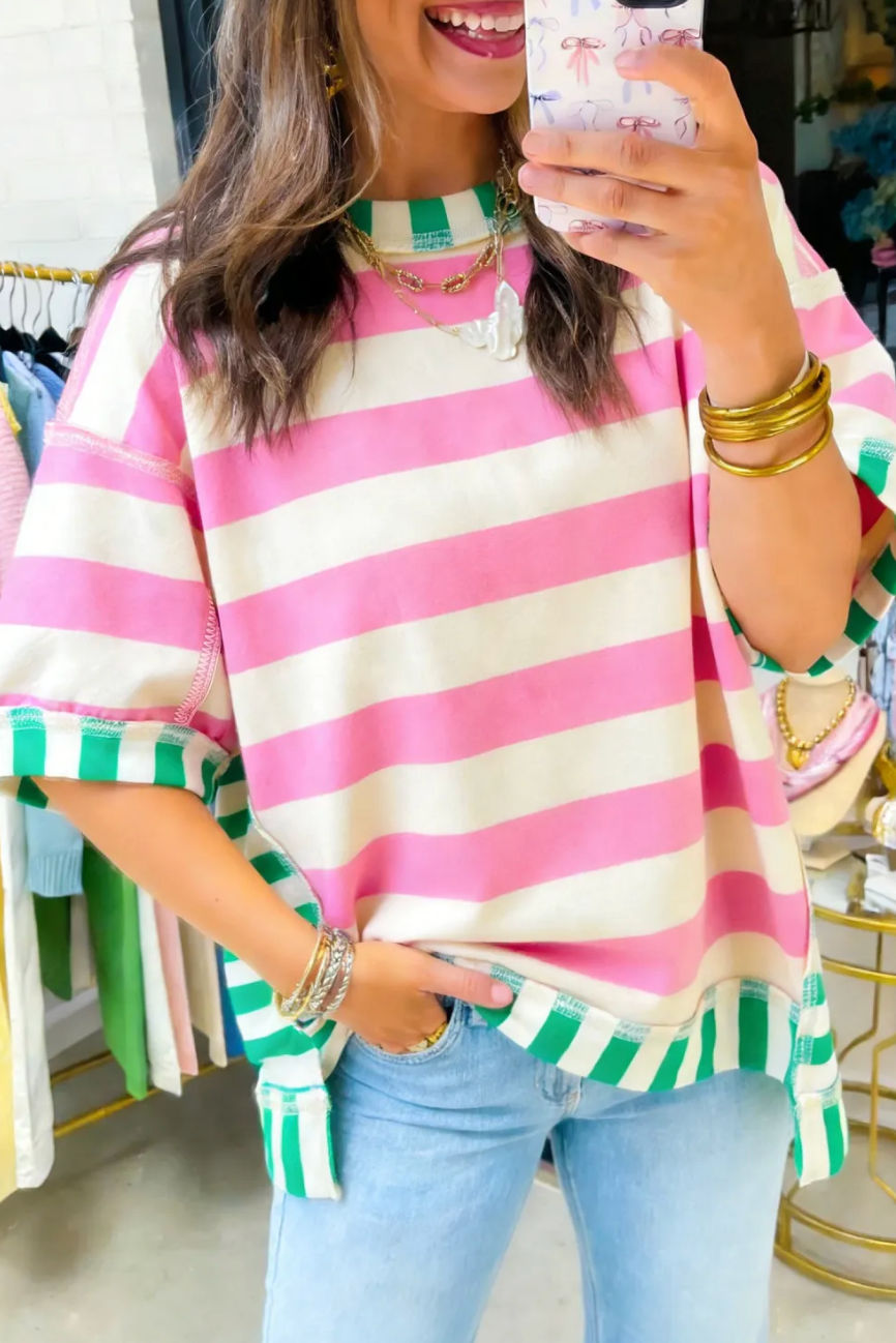 Stripe Exposed Seam Contrast Patchwork Oversized Top