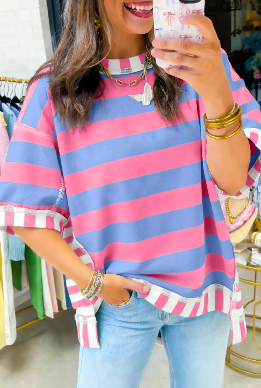 Stripe Exposed Seam Contrast Patchwork Oversized Top